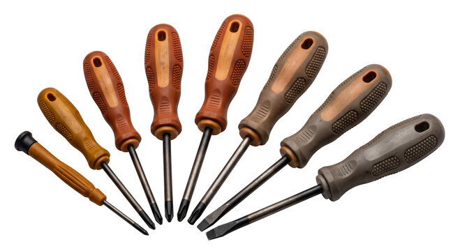 Set of various screwdrivers arranged in a fan shape on a white background