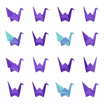 Grid of purple and mint origami paper cranes in flat vector style isolated on white background