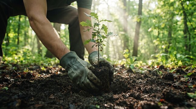 Hands planting a young oak tree sapling in the rich dark soil of a sunlit forest