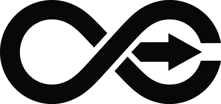 Infinity symbol, with arrow, continuous loop design symbolizing endless movement, progress, recurring cycles, growth, sustainability, and ongoing development.