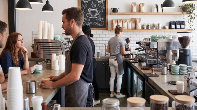 Authentic scene inside a modern cafe. A male barista makes coffee at an espresso machine while a customer sits at the counter. Cozy interior with a blank chalkboard and wooden shelves.