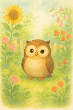 Cute Watercolor Owl in Colorful Flower Garden