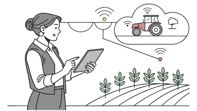 Woman using tablet to monitor smart farming tractor and wireless crop irrigation