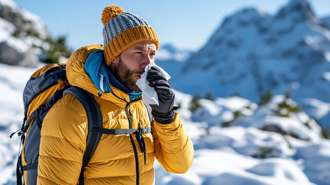 Winter athlete pausing during a mountain hike to blow his nose, cold symptoms, outdoor sports, winter wellness, active lifestyle, seasonal illness, with copy space