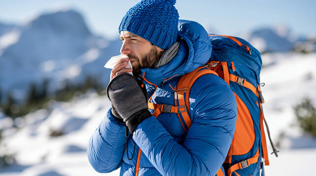 Winter athlete pausing during a mountain hike to blow his nose, cold symptoms, outdoor sports, winter wellness, active lifestyle, seasonal illness, with copy space
