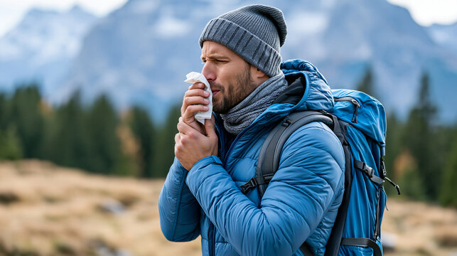 Winter athlete pausing during a mountain hike to blow his nose, cold symptoms, outdoor sports, winter wellness, active lifestyle, seasonal illness, with copy space