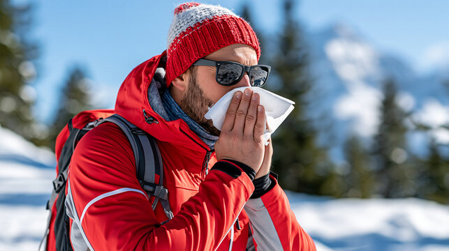 Winter athlete pausing during a mountain hike to blow his nose, cold symptoms, outdoor sports, winter wellness, active lifestyle, seasonal illness, with copy space