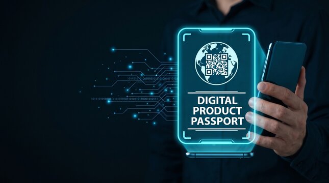 Man touching digital product passport hologram interface for authentication concept. 