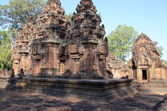 in a ruined buddhist and hindu khmer temple (banteay srei) in angkor in siem reap in cambodia 