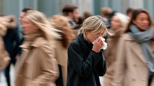 Defocused city commuters in winter coats with one person holding a tissue in the foreground, flu season, urban health, respiratory infection, public awareness, with copy space