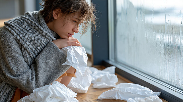 Young woman sitting alone near a frosted window with tissues scattered nearby, winter depression, illness, loneliness, emotional wellbeing, seasonal affective mood, home