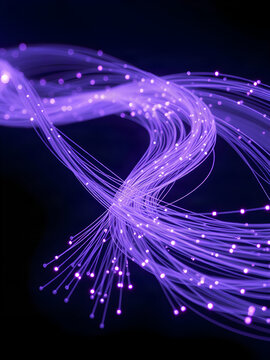 Futuristic Glowing Purple Fibre Optic Strands in Dark Technology Background