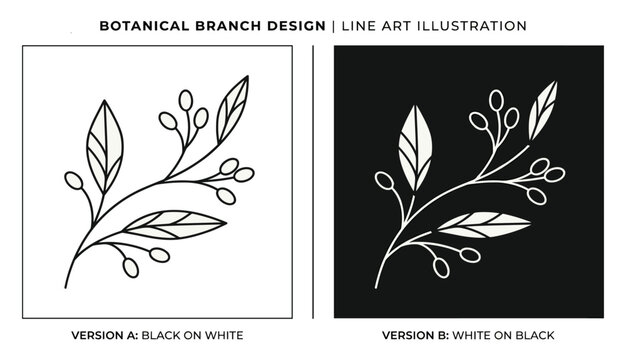 Botanical branch design line art illustration set. Minimalist vector emblem collection of olive leaf sprig with berries in black and white versions for logo or tattoo.
