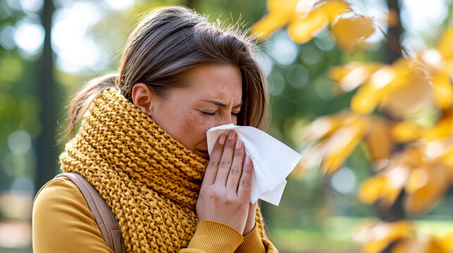 Young woman with seasonal allergies sneezing into a tissue in an autumn park, hay fever, pollen allergy, respiratory symptoms, seasonal wellness, outdoor healthcare, with copy
