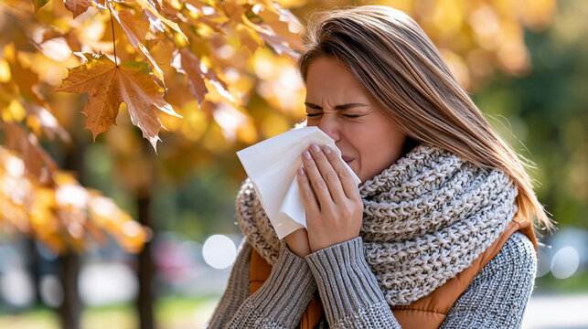 Young woman with seasonal allergies sneezing into a tissue in an autumn park, hay fever, pollen allergy, respiratory symptoms, seasonal wellness, outdoor healthcare, with copy