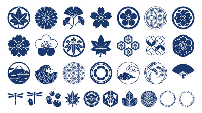 Traditional Japanese Kamon family crests, set of 28 indigo blue floral and nature icons, minimalist oriental graphic design elements for branding isolated PNG with Transparent Background