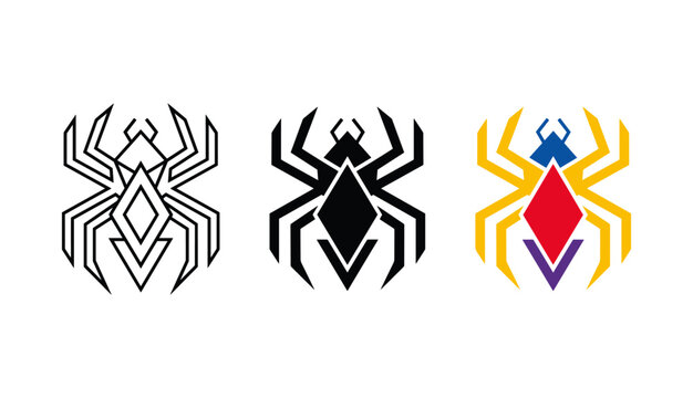 Geometric spider logo template set. Black silhouette, line art, and colorful vector emblem bundle of an arachnid insect for esports, tech, or superhero branding.