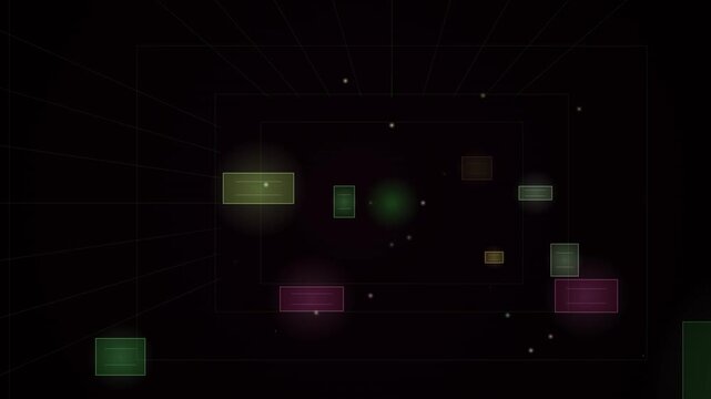 Abstract glowing squares fade into darkness creating a continuous seamless loop effect.