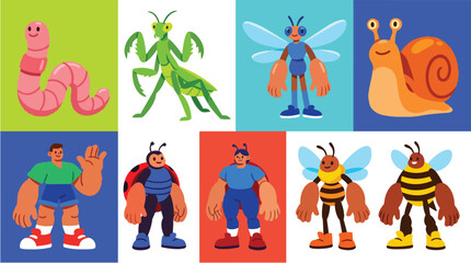 Fototapeta premium Colorful cartoon insects and gardeners vector illustration set