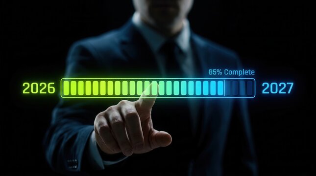 Businessman interacting with a futuristic 2026 to 2027 timeline loading bar for goal vision and success.