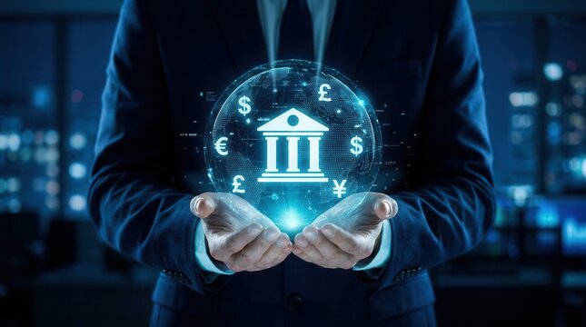 Businessman managing international currency exchange and central banking concepts through a digital globe.