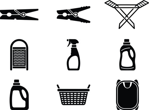 A grid of nine black and white laundry icons including clothespins, a drying rack, a washboard, spray bottle, detergent bottles, and a laundry basket, illustrating various cleaning supplies and tools