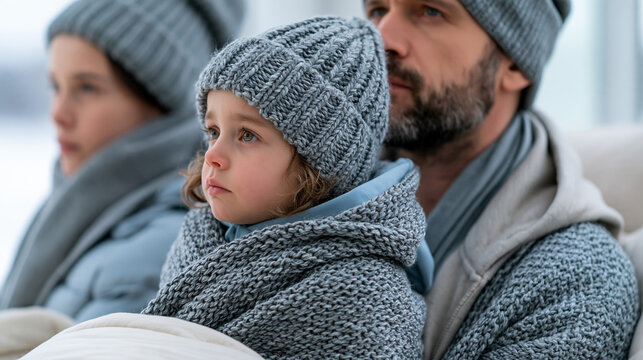 Family bundled in winter clothes sitting close together under blankets inside a cold home, lack of heating, winter hardship, household resilience, energy poverty, with copy space