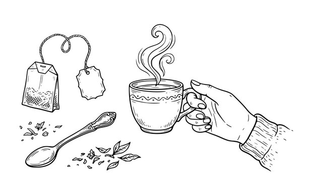 Cozy Winter Tea Ritual Vintage Line Art Set