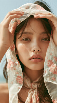 A beautiful young woman holds a floral patterned silk scarf over her head while looking directly at the camera in a soft natural light portrait