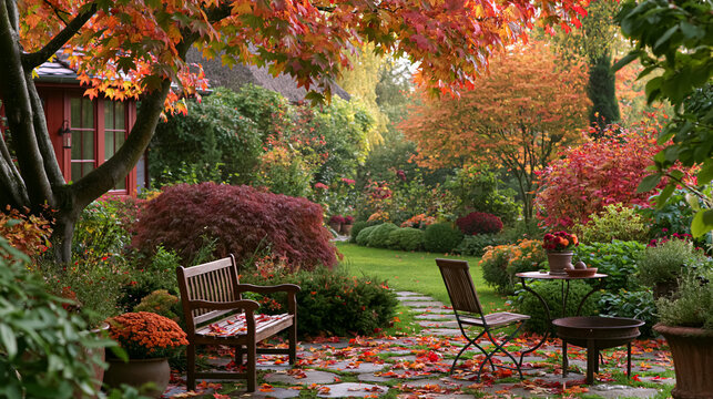 Autumn garden with colorful foliage creating a peaceful landscape, a wooden bench and patio table inviting relaxation