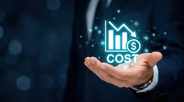 Businessman managing a cost reduction concept with a downward growth graph.