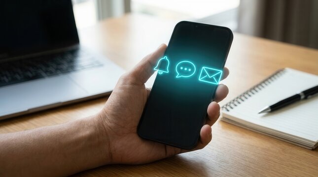 A person holding a smartphone with glowing notification alert icons for messages and email.