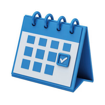 A 3D rendering of a blue desktop calendar with a checked date isolated on transparent background. Perfect for project management and deadline planning designs.
