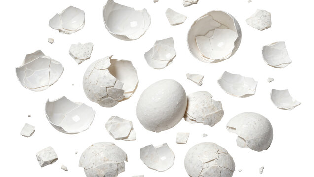 Whole white egg and shattered eggshell fragments scattered, isolated on transparent background