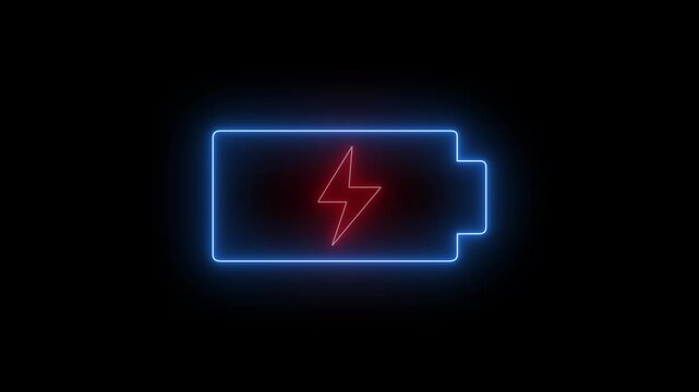 Glowing neon blue color battery icon animation with red lightning blinking bolt on black background.