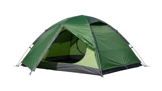 Green dome camping tent with open entrance, isolated on transparent background