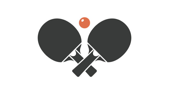 Minimalist vector graphic illustration featuring two crossed table tennis paddles and one bright orange ball
