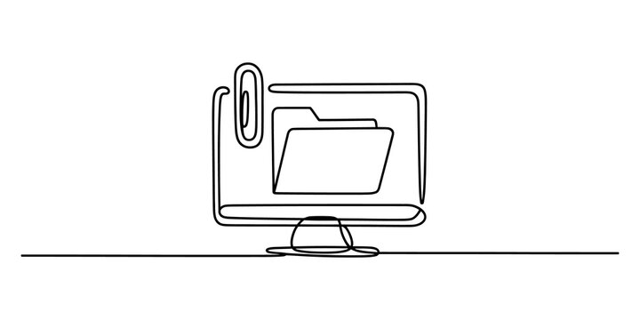 Continuous line drawing of a computer monitor with a folder and paperclip icon