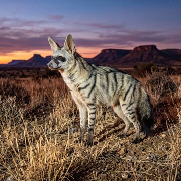 Alert Aardwolf Standing in Dry Grassland Beneath Dramatic Sunset Sky