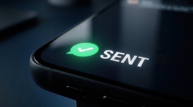 A smartphone screen displaying a green sent message icon and the word SENT.