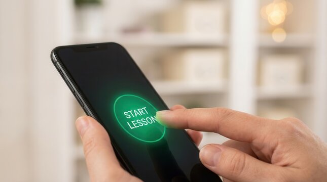A person's hand pressing a green Start Lesson button on a smartphone for online learning.