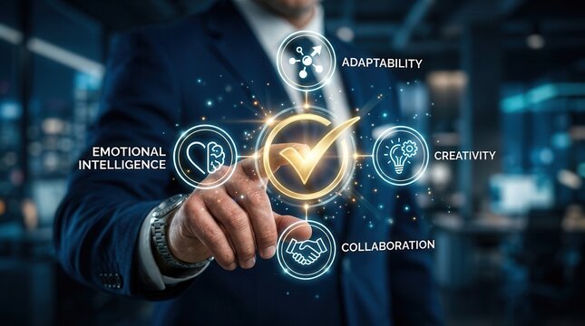 Business man interacting with soft skills icons like emotional intelligence and creativity.