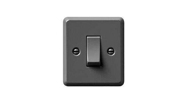 Dark gray plastic light switch with toggle lever, isolated on transparent background