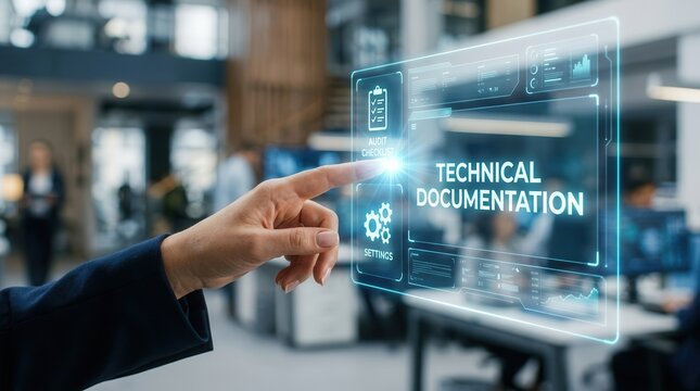 A hand interacting with a digital technical documentation interface in a modern office.