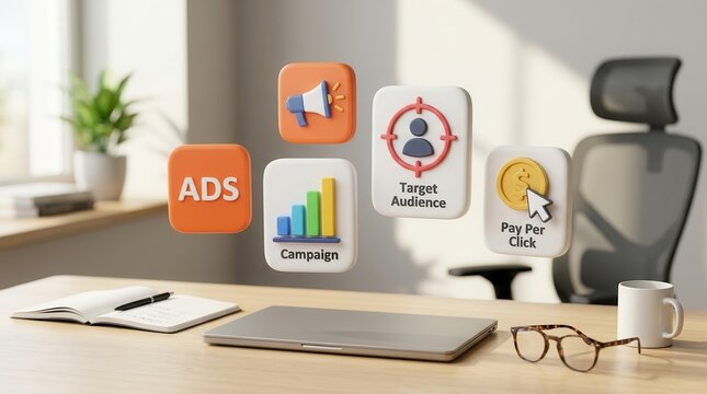 Digital advertising and marketing core elements with ads, campaign, target audience, and pay per click icons.