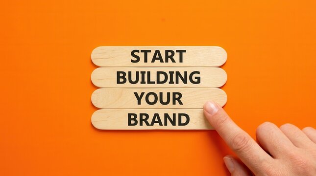 Start building your brand concept with words on wooden sticks against an orange background.