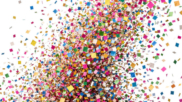 Explosion of colorful square confetti, isolated on transparent background