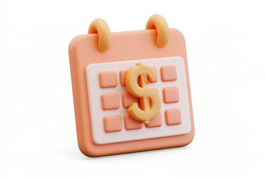 3D passive income calendar icon with a gold money dollar sign isolated on white background. Matte claymorphism style financial schedule concept.
