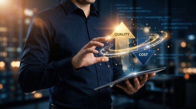 Businessman using a tablet to monitor quality increase and cost reduction through tech progress.