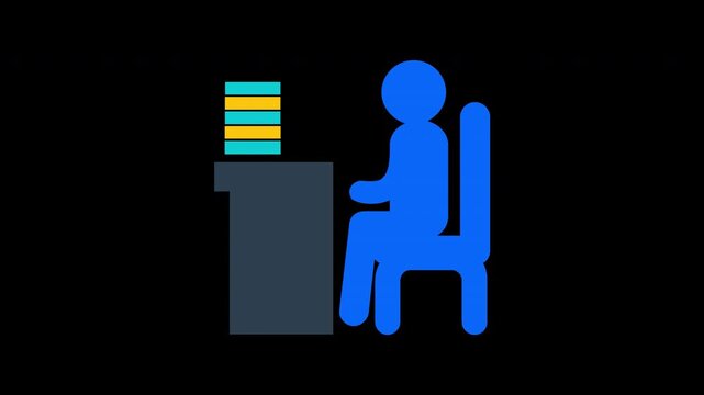 Minimalist blue icon of a person sitting at a desk with a stack of files